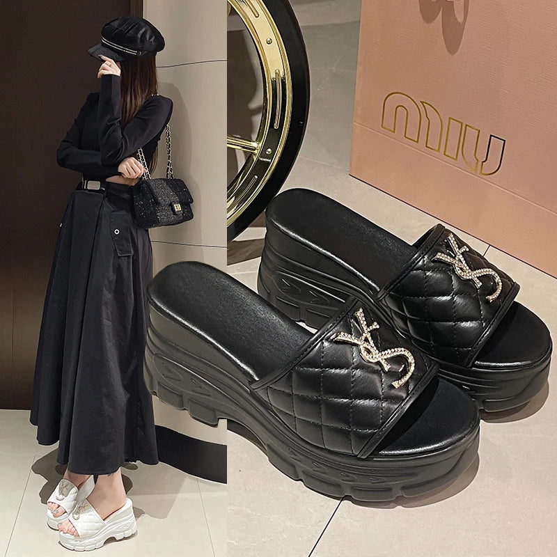 Women's Platform Designer Sandals - Fashion Letter Detail Summer Slides