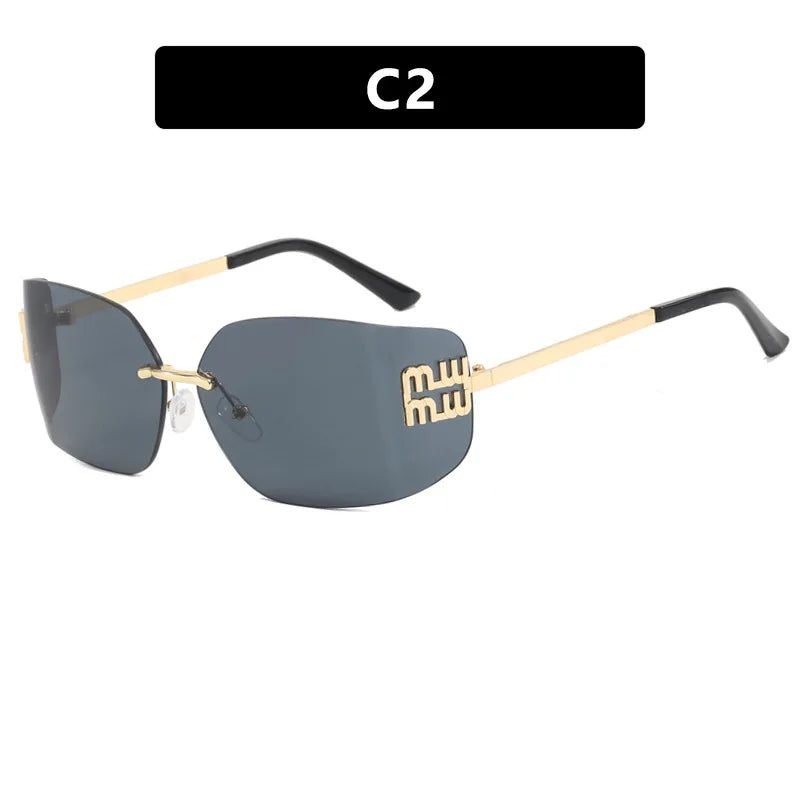 1pc Classic Sun Glasses Female Funky Metal Luxury Rimless Sunglasses Women BrandDesigner Rivets Rectangle Gradient Curved Shades