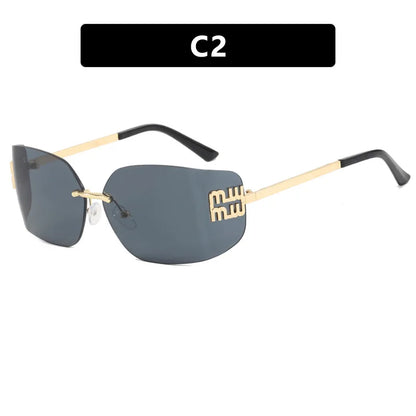 1pc Classic Sun Glasses Female Funky Metal Luxury Rimless Sunglasses Women BrandDesigner Rivets Rectangle Gradient Curved Shades