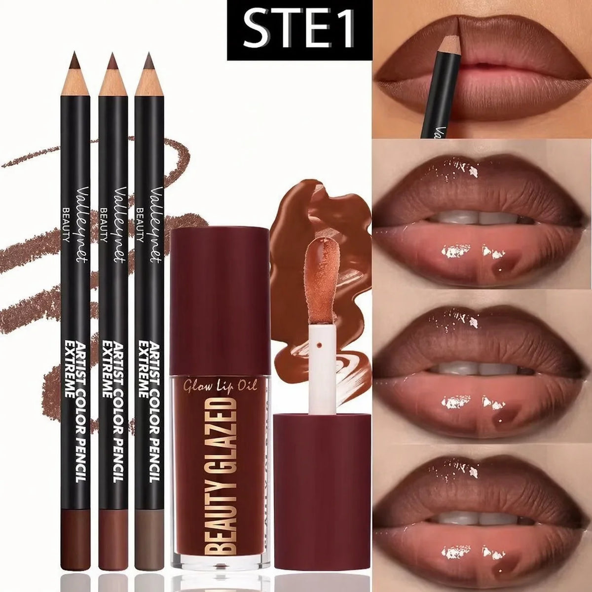 4-Piece Lip Kit Set — 3 Lip Liners + 1 Lip Glaze | Waterproof Matte Effect