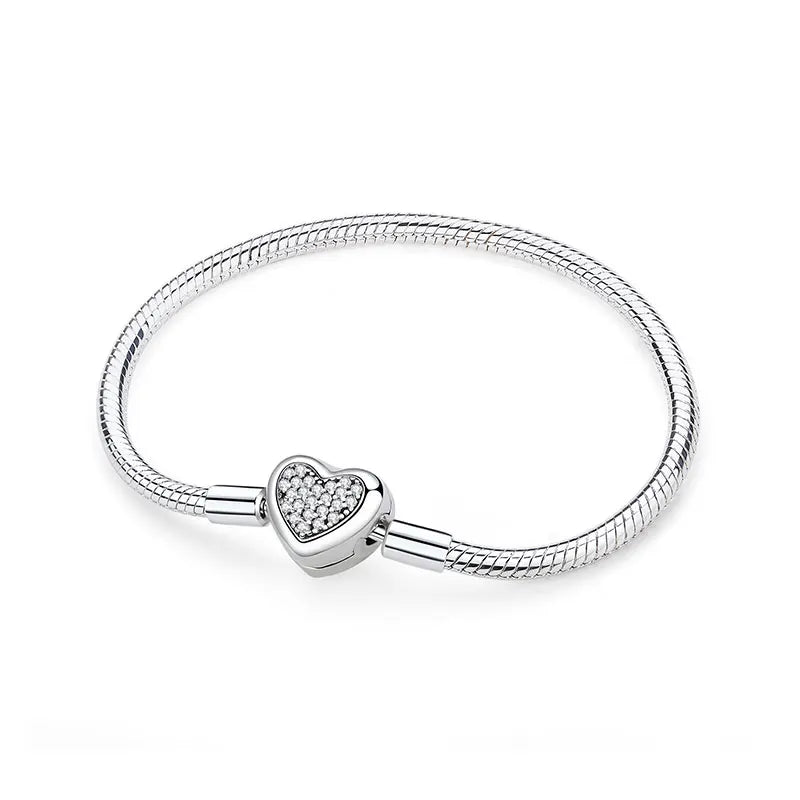 Sterling Silver Rose Gold Heart Charm Bracelet - Snake Chain Bangle