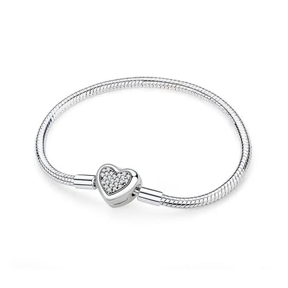 Sterling Silver Rose Gold Heart Charm Bracelet - Snake Chain Bangle