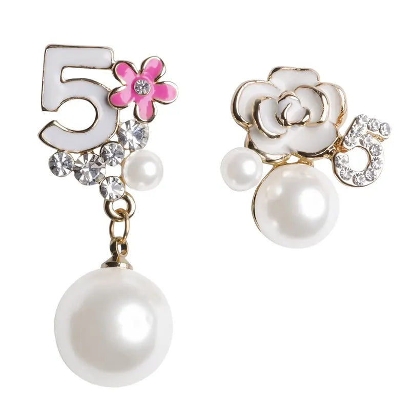 black rose pearl number 5 flower earrings enamel fashion camellia studs