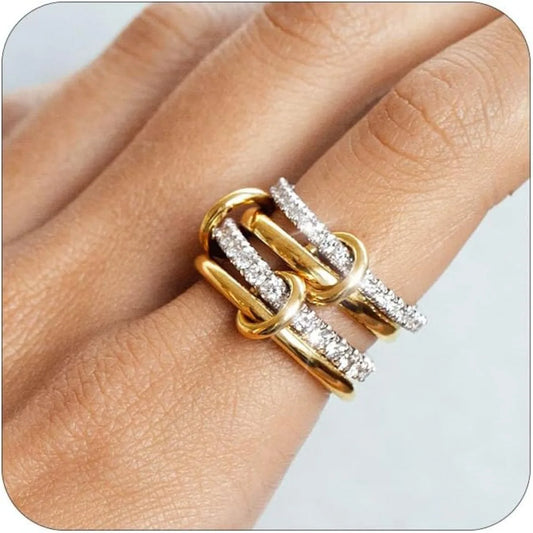 Trendy 4-Piece Stackable Ring Set - Two-Tone 18K Gold Plated Zircon Rings
