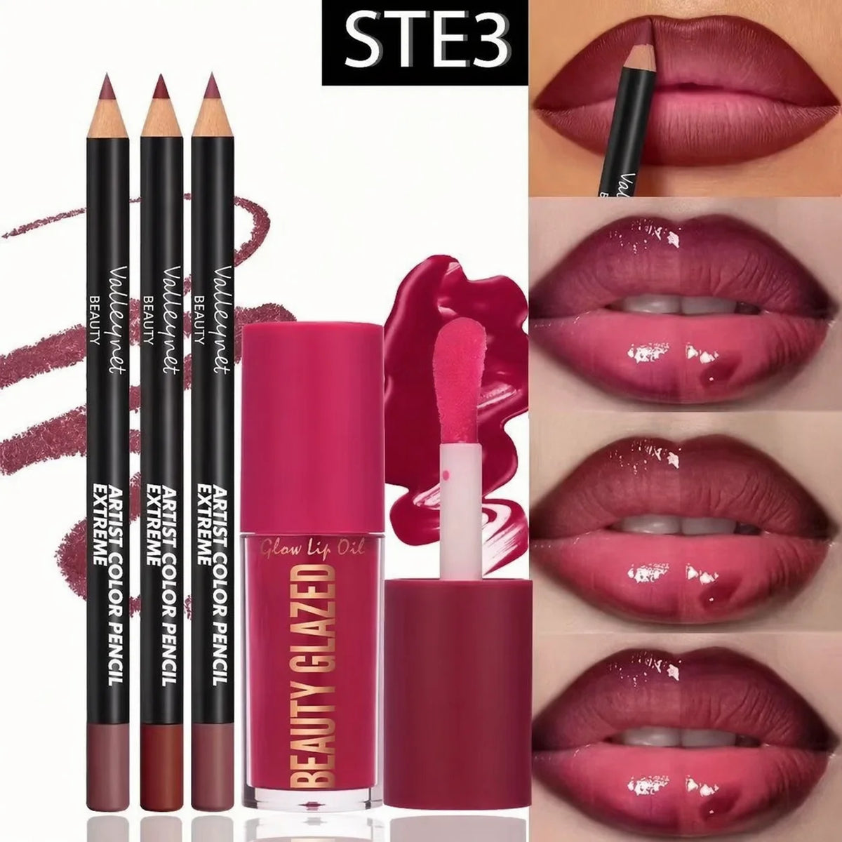 4-Piece Lip Kit Set — 3 Lip Liners + 1 Lip Glaze | Waterproof Matte Effect