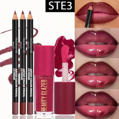 4-Piece Lip Kit Set — 3 Lip Liners + 1 Lip Glaze | Waterproof Matte Effect