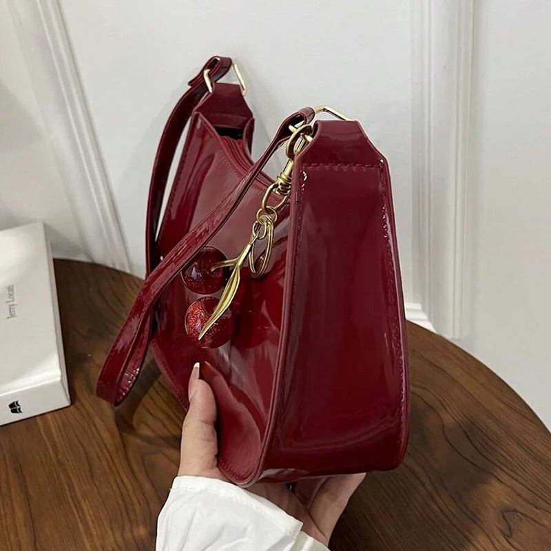 Vintage Retro Shoulder Bag - Designer PU Leather Crossbody with Cherry Charm