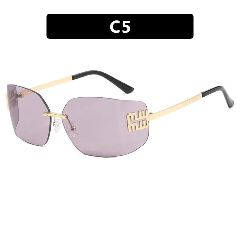 1pc Classic Sun Glasses Female Funky Metal Luxury Rimless Sunglasses Women BrandDesigner Rivets Rectangle Gradient Curved Shades