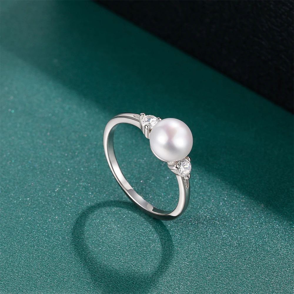 925 Sterling Silver Freshwater Pearl & Zircon Ring | Minimalist Wedding Band for Women