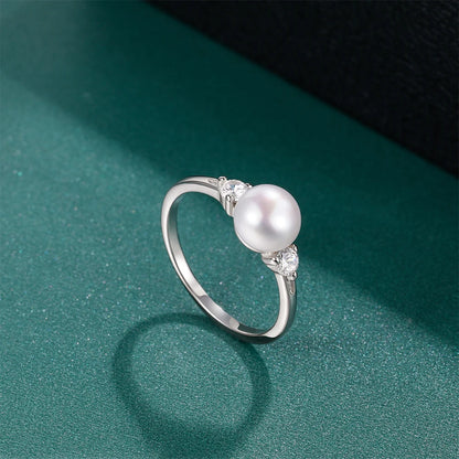 925 Sterling Silver Freshwater Pearl & Zircon Ring | Minimalist Wedding Band for Women