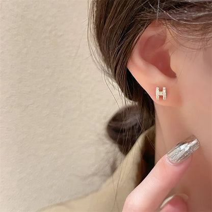 Sterling Silver H-letter Exquisite Earrings Small And Simple Set With Diamond Hollow Earrings Birthday Gift Jewelry