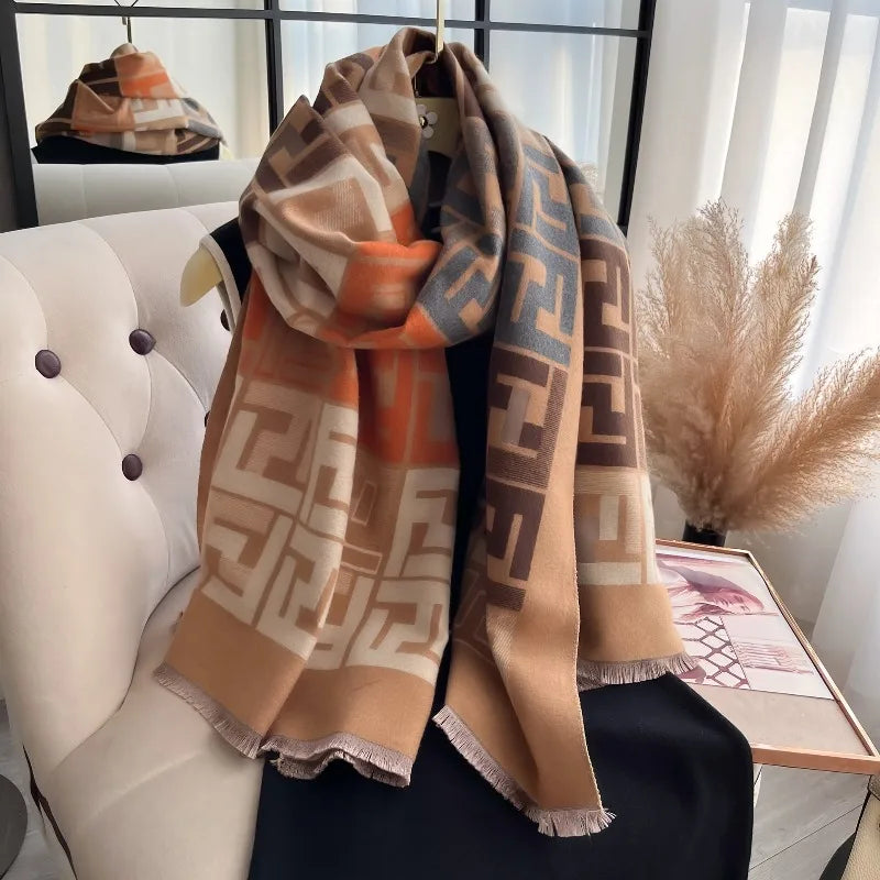 European American Women's Letter Scarf - Vintage Thick Winter Double-Sided Shawl