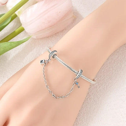 925 Sterling Silver Heart, Infinity & Triple Jewel Safety Chain Charm | Fits Pandora & Most Bracelets