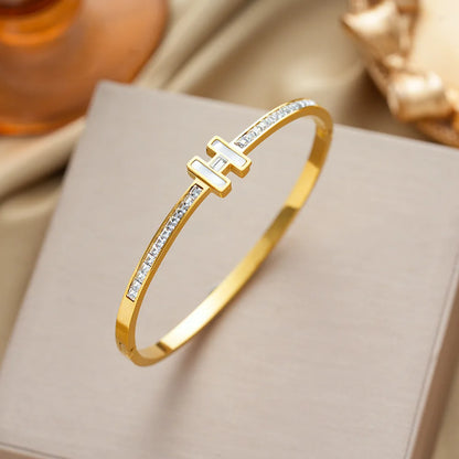 1PC Titanium Steel Stainless Steel Inlaid Zircon Gold Plated Letter H Bracelet, Classic and Simple Style, Suitable for Women's D