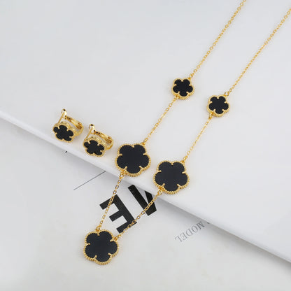 Plant Five Leaf Flower Double sided Plum Blossom Jewelry Set Necklace Earrings New Design Natural Stone Women High Quality Clove