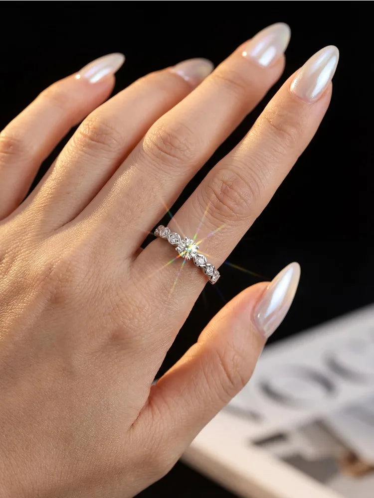 Real Moissanite Ring - 925 Sterling Silver Hexagonal Sparkling Band
