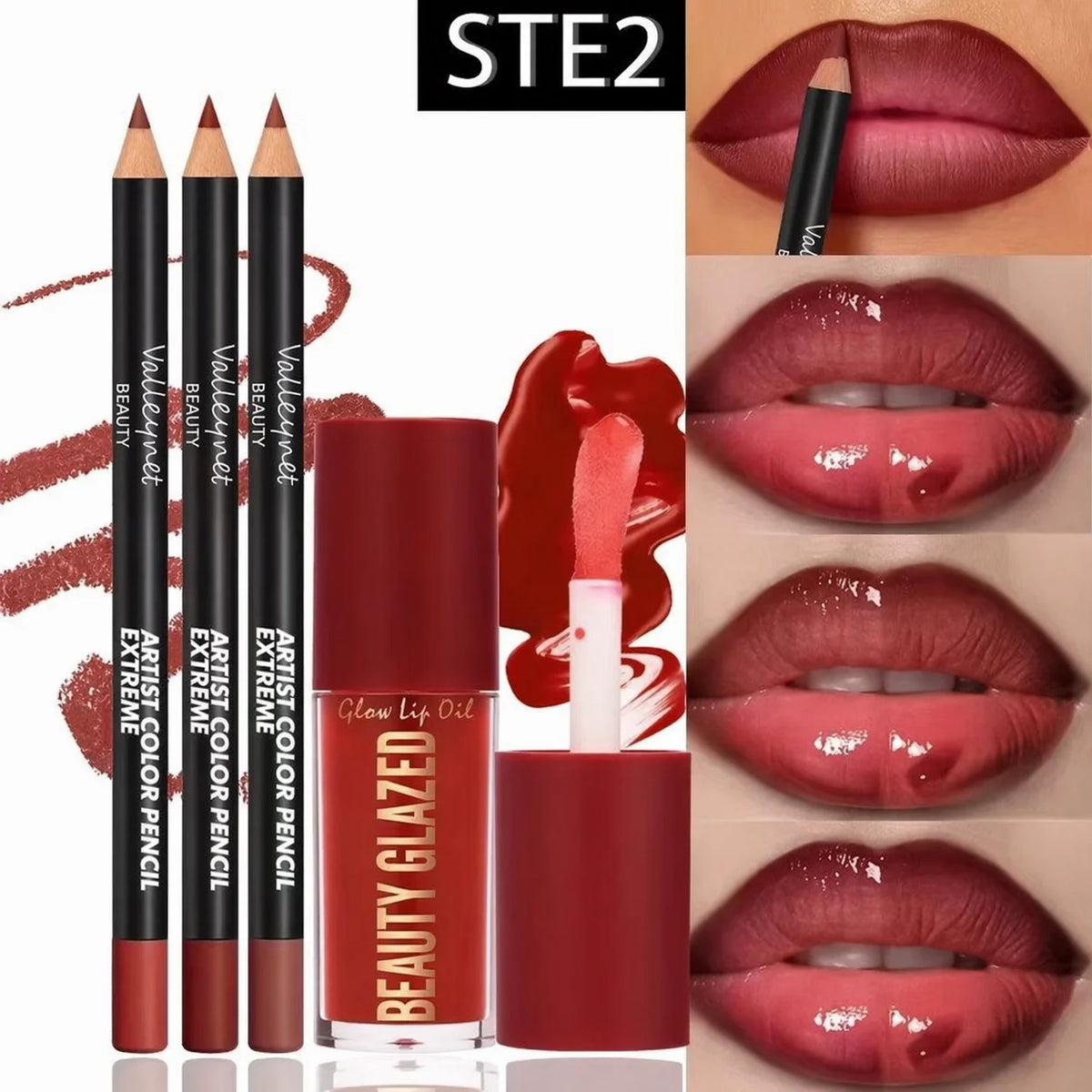 4-Piece Lip Kit Set — 3 Lip Liners + 1 Lip Glaze | Waterproof Matte Effect