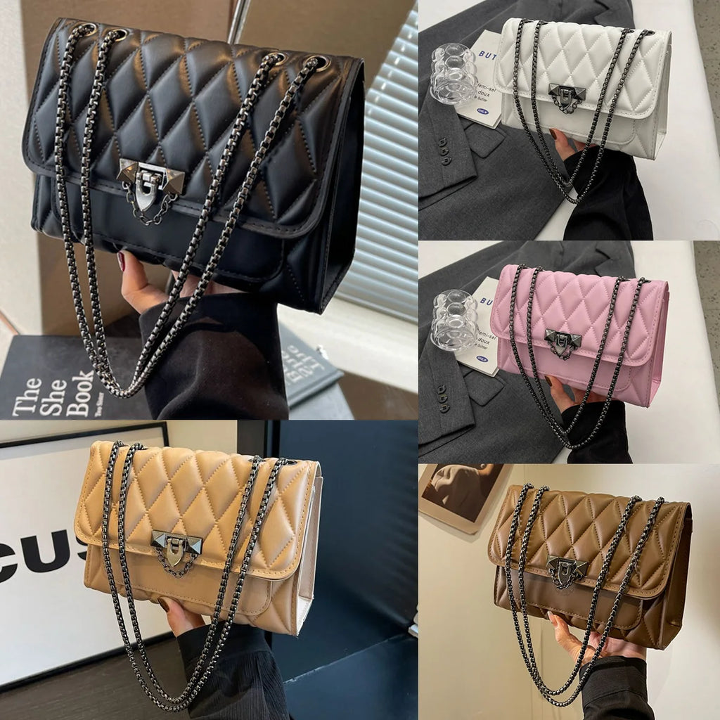 1 simple and stylish diamond grid crossbody bag, metal chain shoulder bag, suitable for women's daily leisure use-A-DH