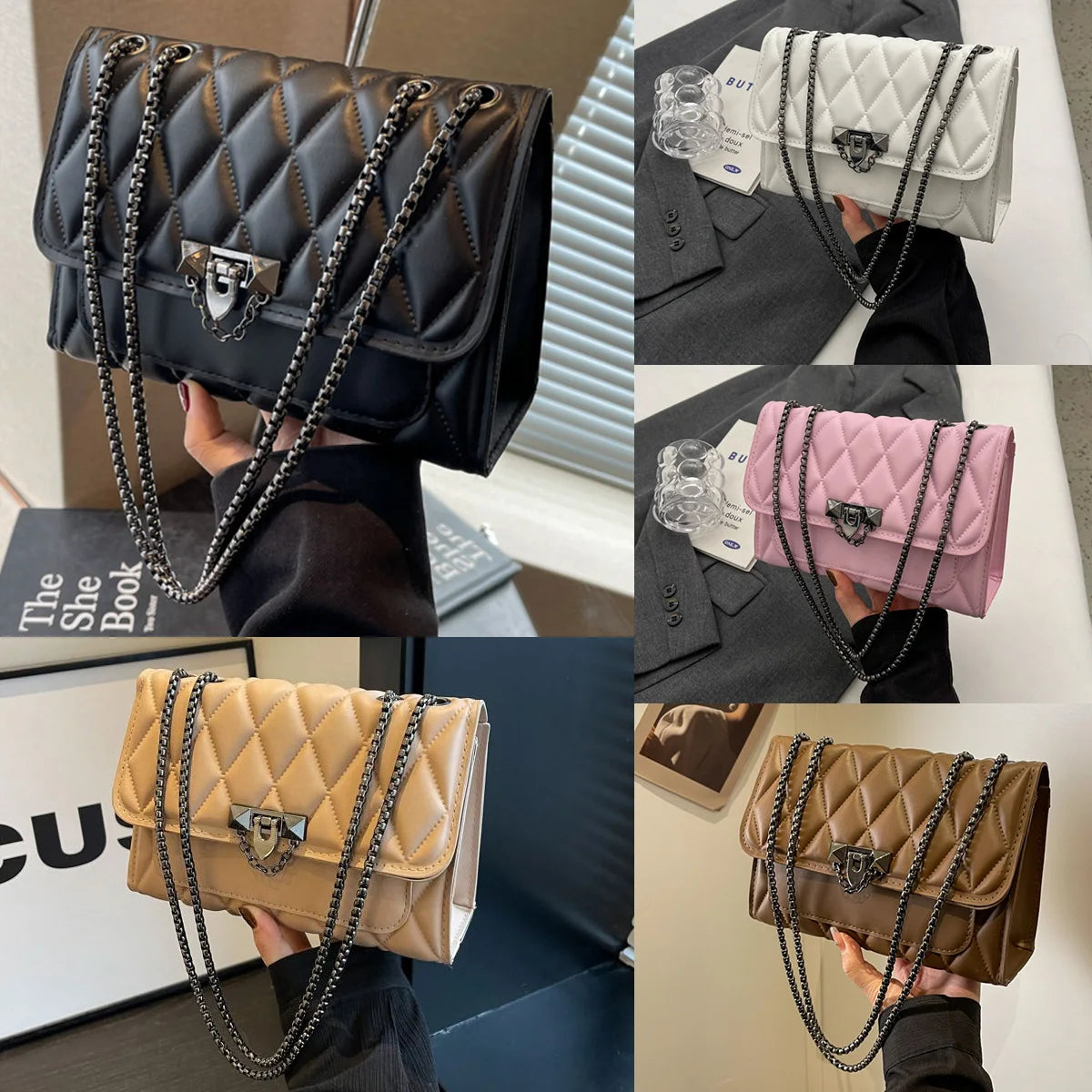 1 simple and stylish diamond grid crossbody bag, metal chain shoulder bag, suitable for women's daily leisure use-A-DH