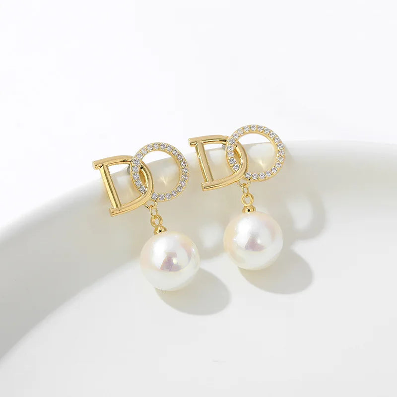 Rhinestone DO Letters Pearl Stud Earrings for Women — Luxury Party & Office Jewelry