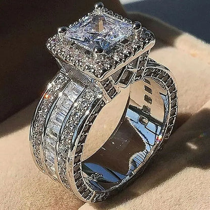 Exquisite Zircon Engagement Ring for Women | Silver Tone Bridal Wedding Jewelry