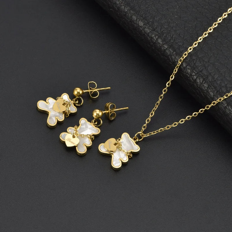 White Shell Cute Little Bear Peach Heart Stainless Steel Jewelry Set Necklace Earrings Bracelet or women