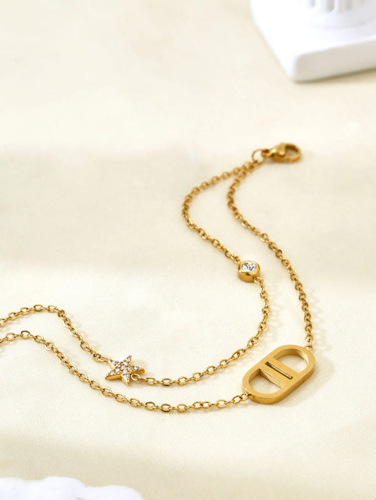 Popular Versatile Personality Temperament Stainless Steel 18K Gold-Plated Diamond Stars Letters CD Bracelet Female