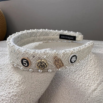Exquisite Crystal Ball Pearl Number 5 Letter Camellia Headband Women Hair Accessories France Pearl Beaded Hairhoops Headwears