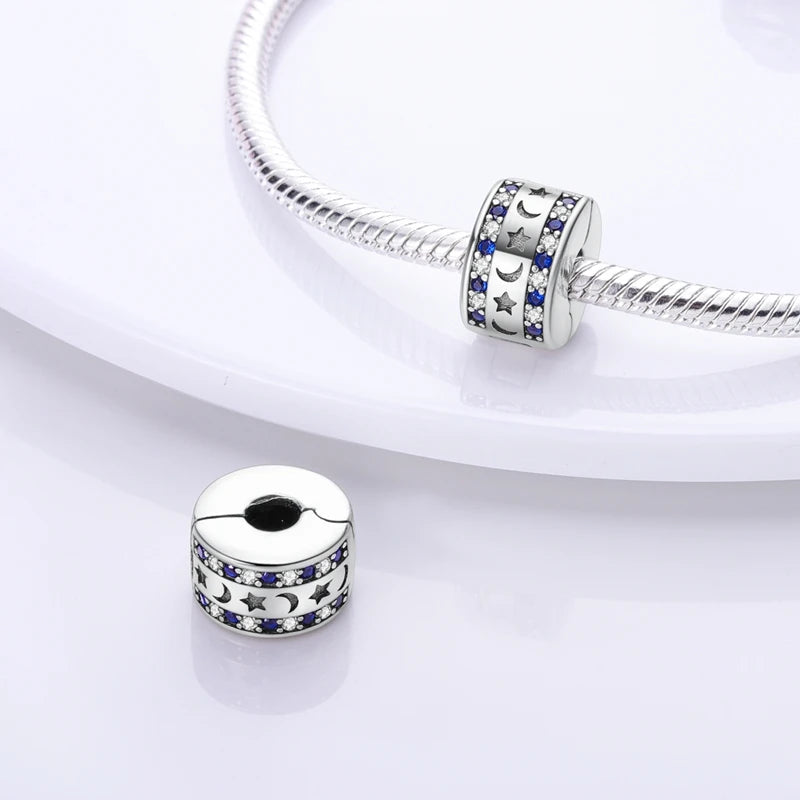 925 Sterling Silver CZ Pave Round Clip Charm - Bracelet Necklace Bead