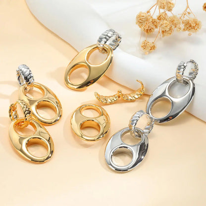 Double Circles Hoop Earrings for Women, Stainless Steel 14K Plated Chunky Oval Earrring, Fashion Geometric Party Jewelry Gift