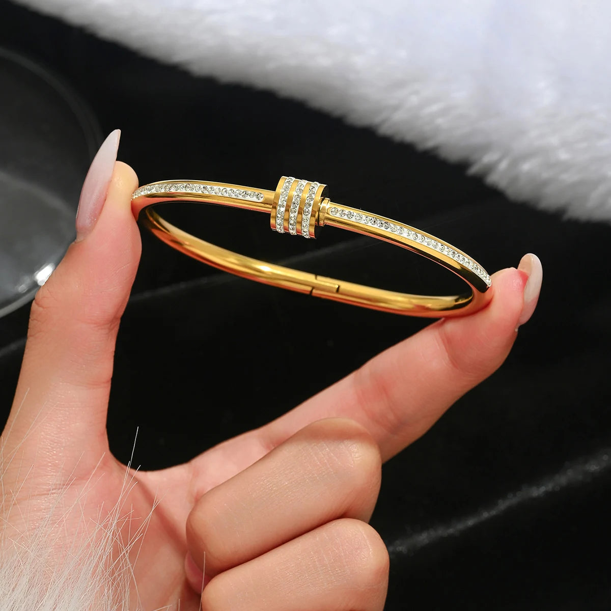 Stainless Steel Four-Leaf Clover Lucky Bracelet - Gold Nail Bangle