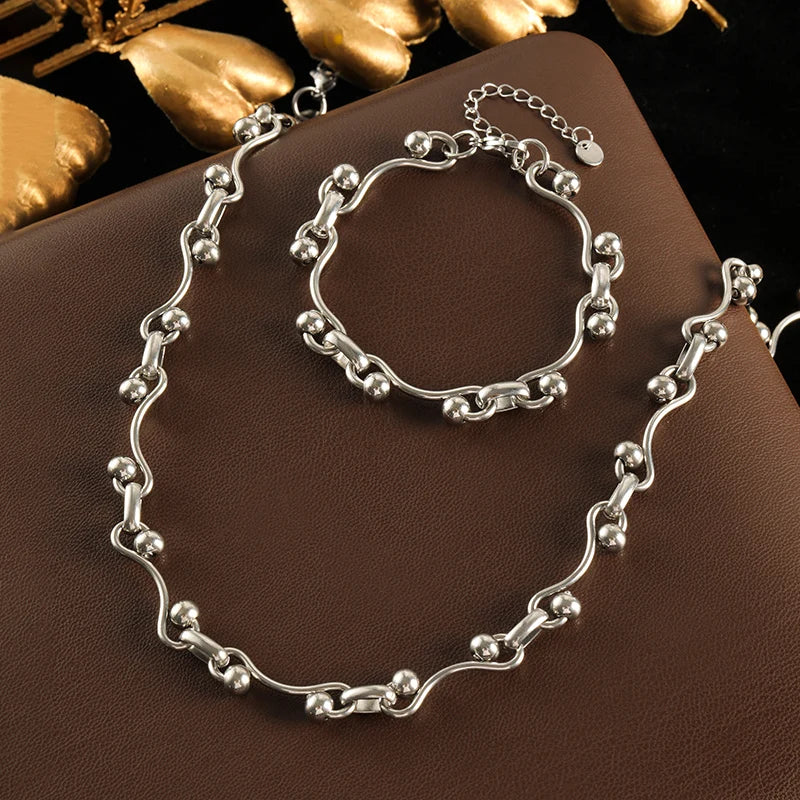 GANEMLY 316L Stainless Steel Metal Gold Color Beads Chain Necklace Bracelet Set For Women Trendy Chains Waterproof Jewelry New