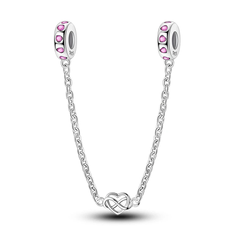 925 Sterling Silver Heart, Infinity & Triple Jewel Safety Chain Charm | Fits Pandora & Most Bracelets