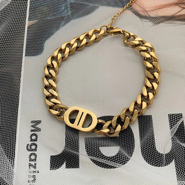 Cocoguchi golden color Thick Letter Titanium Steel Necklace & Bracelet for Women four sealsonal wearage popular fashion jewelry