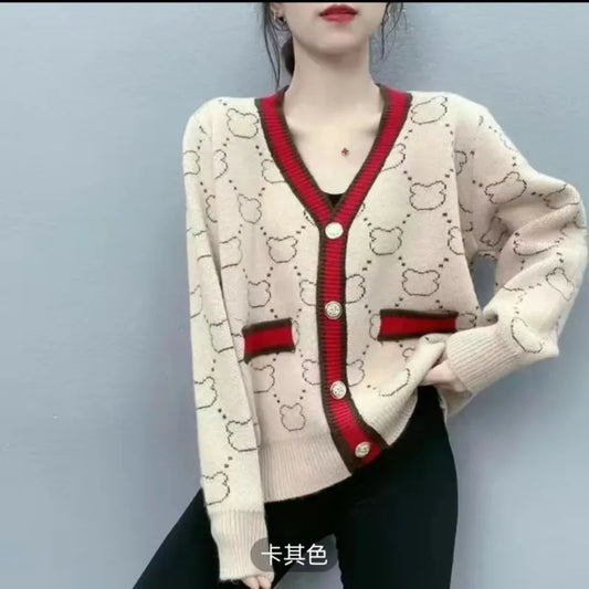 V-Neck Color Block Knitted Cardigan - Spring Autumn 2025