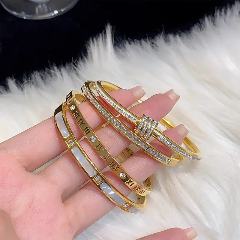 Titanium Steel Gold Bracelet - Classic Zircon Inlaid Bangle for Women