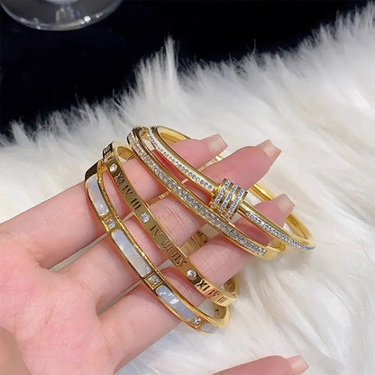 Titanium Steel Gold Bracelet - Classic Zircon Inlaid Bangle for Women