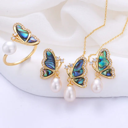 Natural Freshwater Pearl Butterfly & Abalone Shell Jewelry Set | Necklace, Ring & Earrings