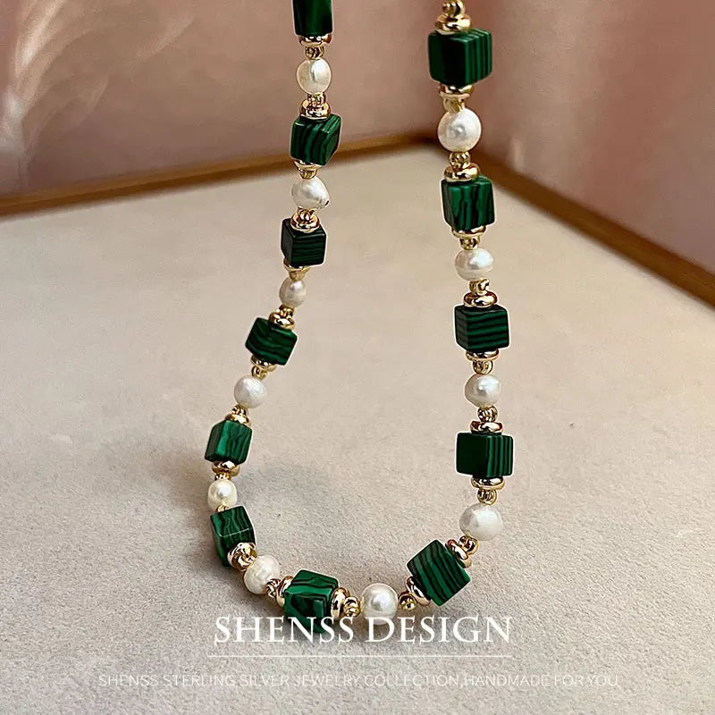Natural Freshwater Pearl & Synthetic Malachite Jewelry | 14K Gold Plated Necklace, Bracelet & Earrings | Vintage Style