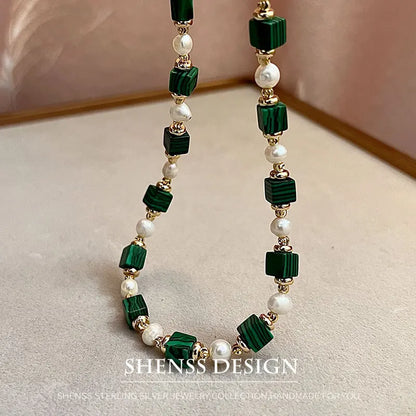 Natural Freshwater Pearl & Synthetic Malachite Jewelry | 14K Gold Plated Necklace, Bracelet & Earrings | Vintage Style