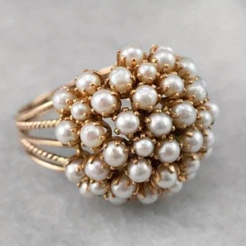 Trendy Hollow Pearl Inlay Ring for Women | Classic Gold Tone