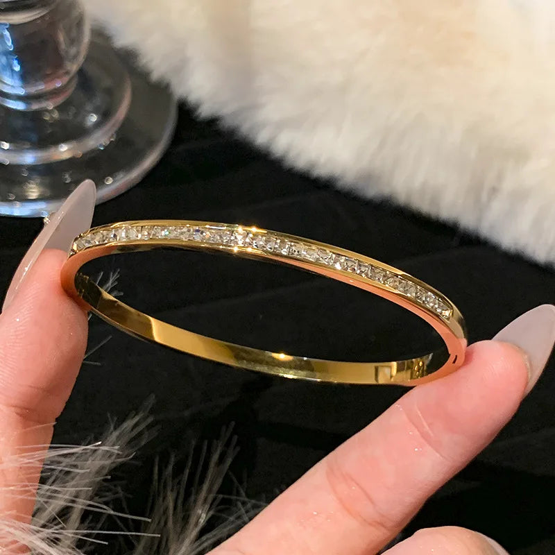 Titanium Steel Gold Bracelet - Classic Zircon Inlaid Bangle for Women