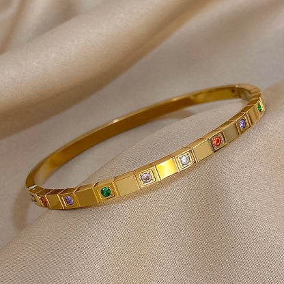 New Inlaid Square Small Colored Zircon Stainless Steel Bangle Bracelet for Women Luxury Gold Plated Cubic Zirconia Bracelets