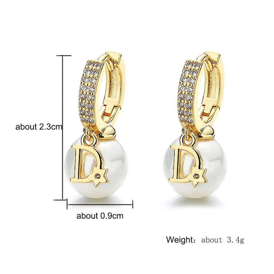 Luxury Pearl Drop Earrings - Designer D Letter Charm Hoop Earrings for Women