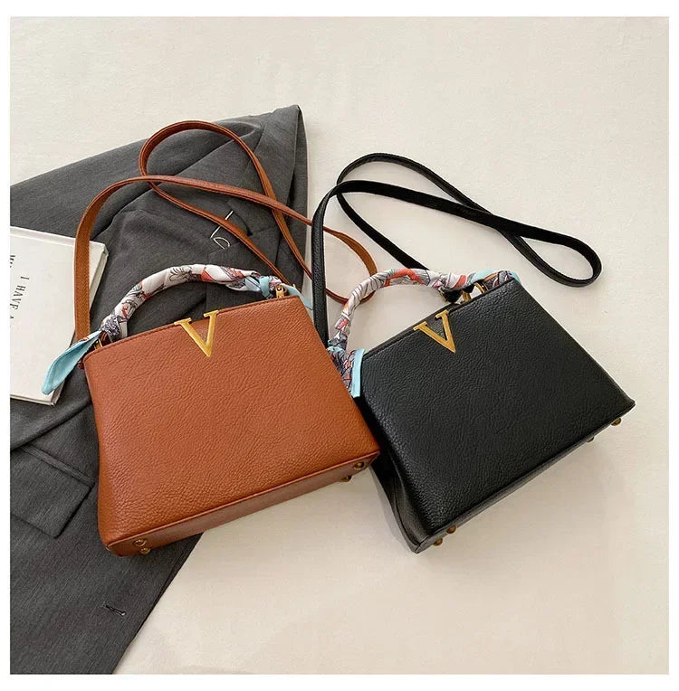 Luxury Ladies Crossbody Bag - Litchi Texture Leather with Silk Scarf