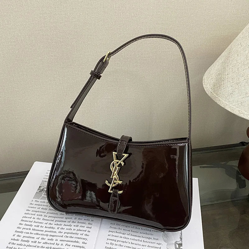 Glossy Leather Underarm Bag, Fashion Shoulder Purse for Women, Versatile Top Handle Tote Chic  Minimalist Crossbody Bag