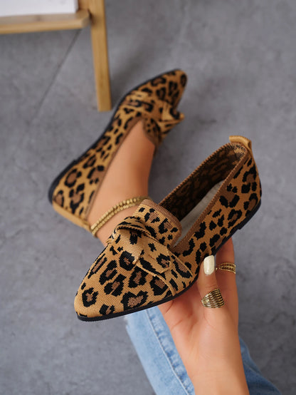 Women's Leopard Print Bow Flats - Shallow Slip-On Shoes