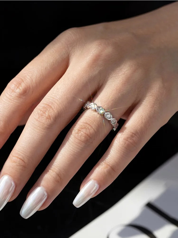 Real Moissanite Ring - 925 Sterling Silver Hexagonal Sparkling Band