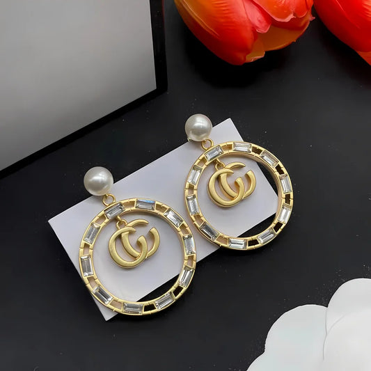 Elegant Gold Toned Round Women Earrings with Pearl and Crystal Embellishment Fashionable Jewelry Accessory