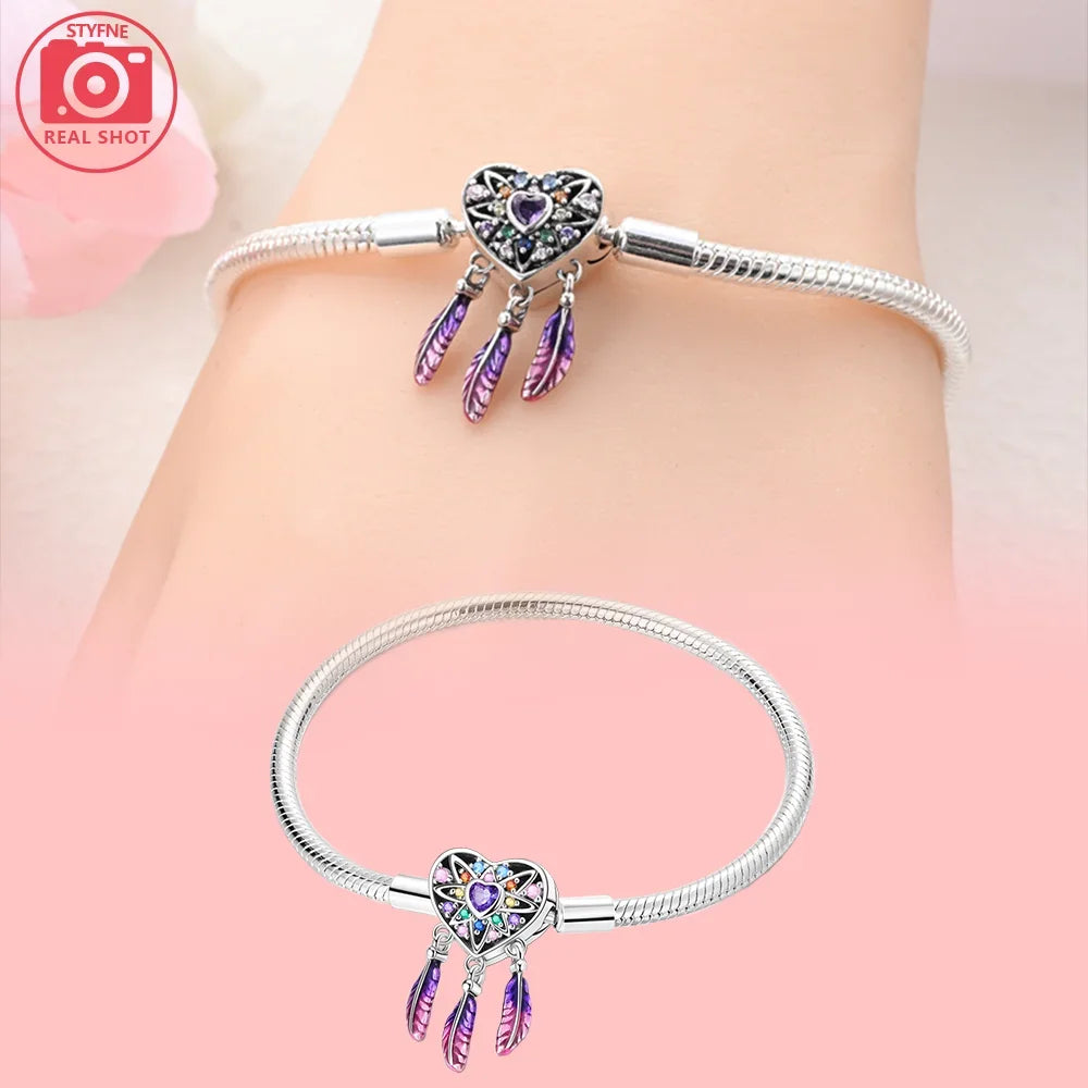 Sterling Silver Purple Dreamcatcher Feather Bracelet - Perfume Bottle Charm